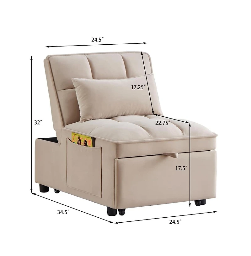 Maison Boucle 4-in-1 Single Velvet Pull-Out Sleeper Chair Bed with Adjustable Backrest, Side Pocket & Pillow for Small Spaces-Maison