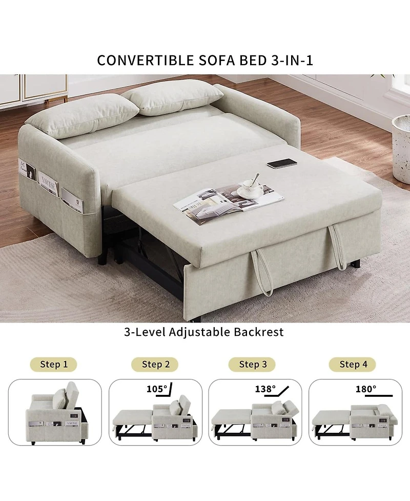 Maison Boucle 55" Convertible Sleeper Loveseat, Pull-Out Sofa Bed with Adjustable Back, Usb A/C Ports & Side Pockets for Small Living Spaces-Maison Bo
