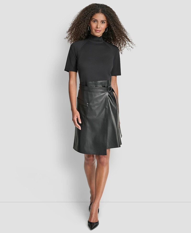 Dkny Women's Short Sleeve Mock Neck Fit & Flare Dress