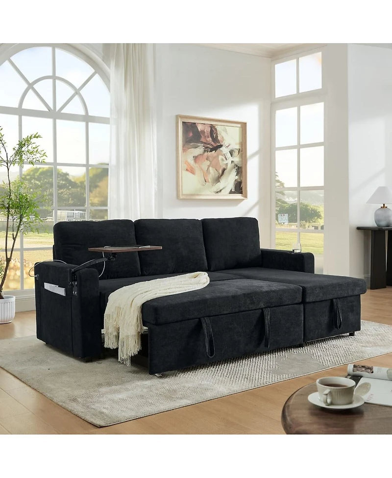 Maison Boucle Modern Chenille Pull-Out Sofa Bed with Led Lights, Usb Ports & Cup Holders, Sleeper Couch Storage for Living Room-Maison