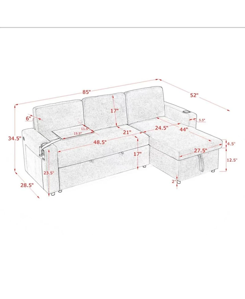 Maison Boucle Modern Chenille Upholstered Wood Pull-Out Sleeper with Led Lights, Usb Ports & Cup Holders Sofa Bed
