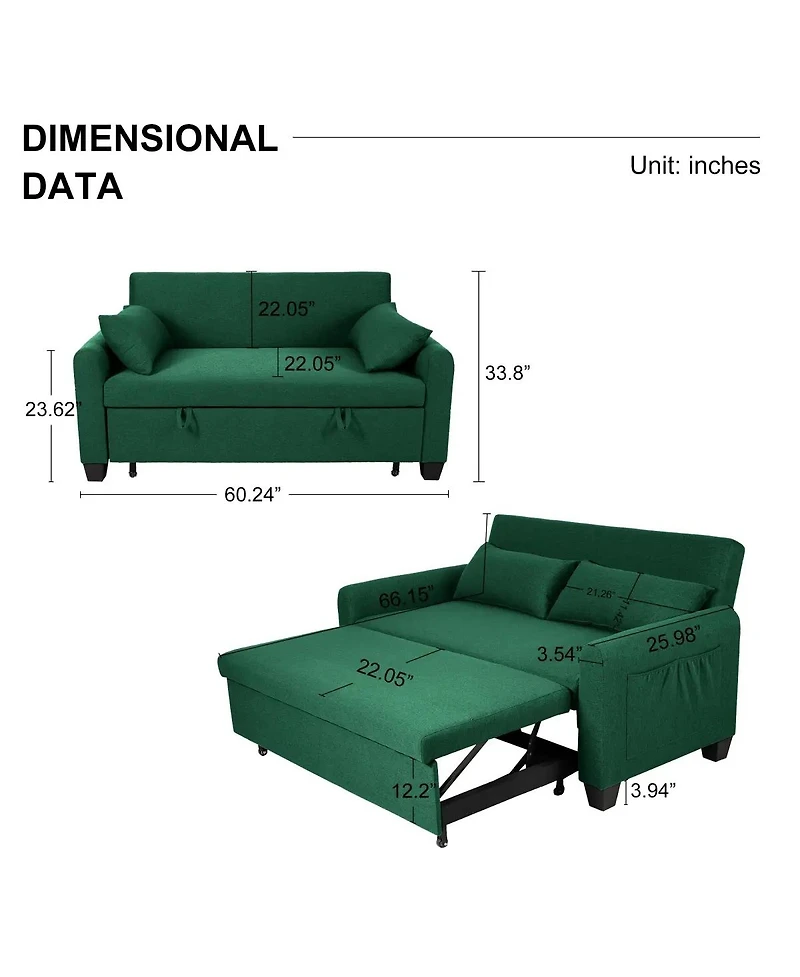 Maison Boucle 61-Inch Pull-Out Linen Sofa Bed with Extra-Wide Convertible Sleeper Loveseat, Storage Pocket & Wheels for Apartments and Guest Rooms
