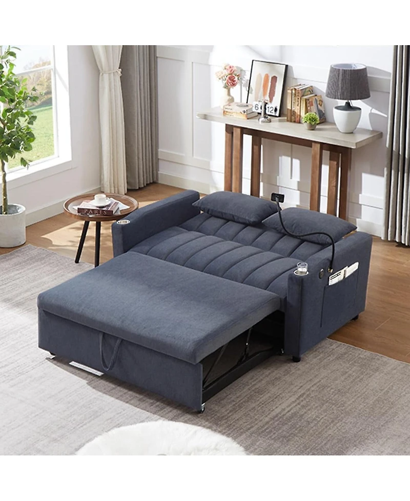 Maison Boucle 55.9" Pull Out Sofa Bed with Usb Ports, Cup Holders & Side Pockets, Adjustable Backrest Convertible Sleeper for Small Spaces-Maison Bouc
