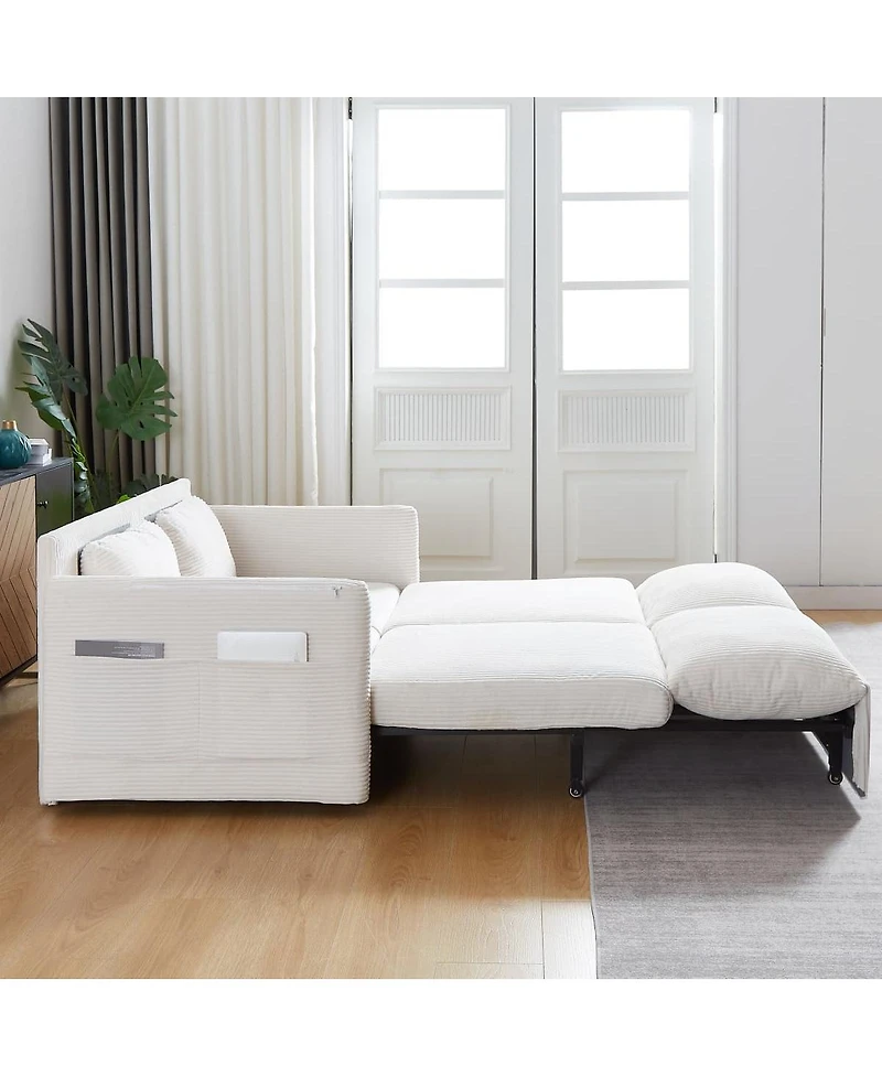 Maison Boucle 64.5 Inch 3-in-1 Corduroy Pull-Out Sleeper Sofa, Adjustable Loveseat Bed with Storage Pockets & 2 Pillows-Maison
