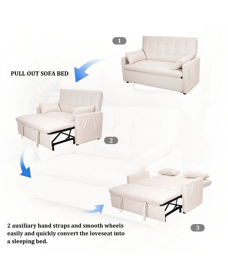 Maison Boucle 61'' Tufted Convertible Sofa Bed, Pull-Out Sleeper Loveseat with Adjustable Backrest, Side Storage & Smooth Wheels for Small Spaces-Mais