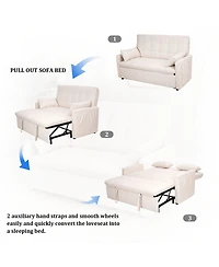 Maison Boucle 61'' Tufted Convertible Sofa Bed, Pull-Out Sleeper Loveseat with Adjustable Backrest, Side Storage & Smooth Wheels for Small Spaces-Mais