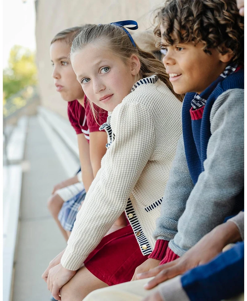 Hope & Henry Little and Big Girls' Organic Puff Sleeve Textured Cardigan Sweater