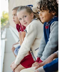 Hope & Henry Little and Big Girls' Organic Puff Sleeve Textured Cardigan Sweater
