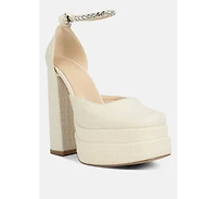 Cosette Diamante Embellished Ankle Strap High Block Heel Sandals in Off White