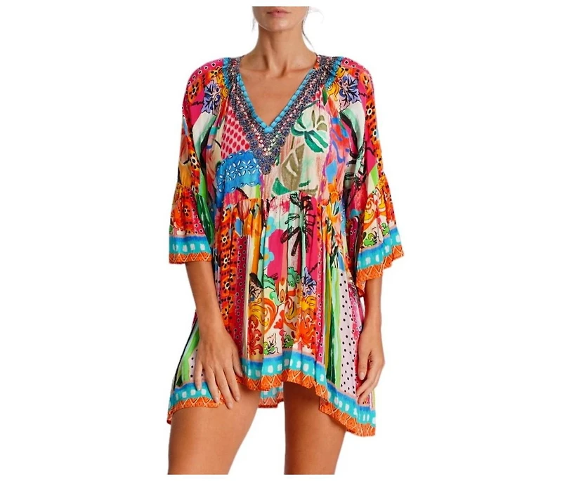 La Moda Clothing Women's Multicolor Mini Dress with Side Asymmetrical Hem and Beaded Neckline