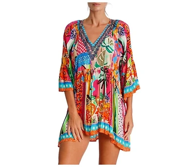La Moda Clothing Women's Multicolor Mini Dress with Side Asymmetrical Hem and Beaded Neckline