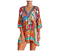 La Moda Clothing Women's Multicolor Mini Dress with Side Asymmetrical Hem and Beaded Neckline