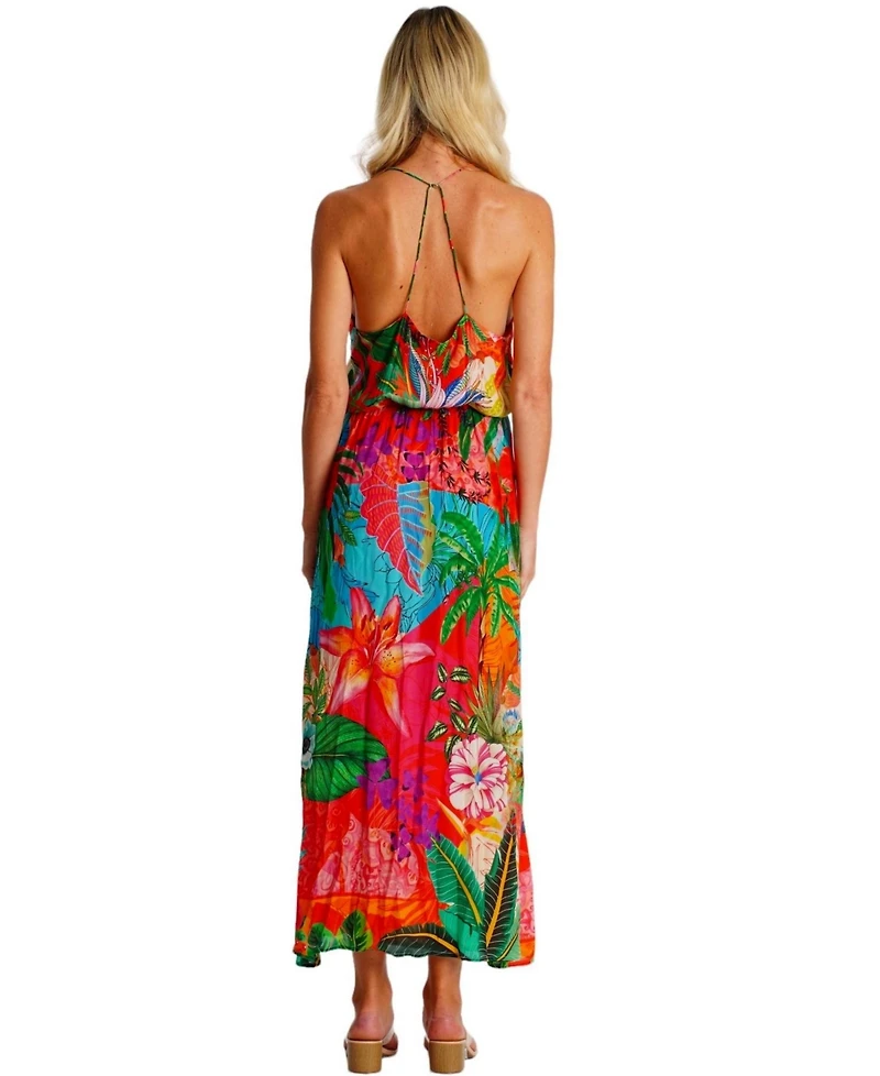 La Moda Clothing Women's Maxi Dress, Halter Neck & Crossed Back Straps, Cinched Waist with Side Slits