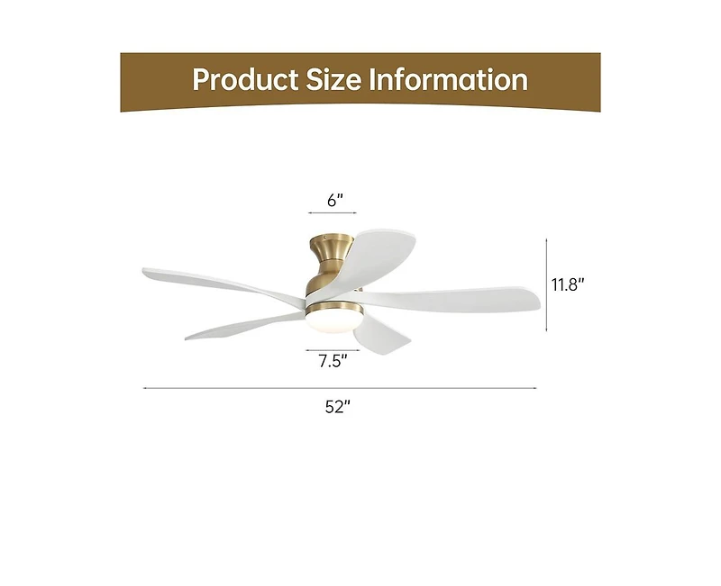 52-inch Modern Minimalist Golden 5-Blade Flush Mount with Led Light Remote Control Supports 6 Speeds and Timer Function