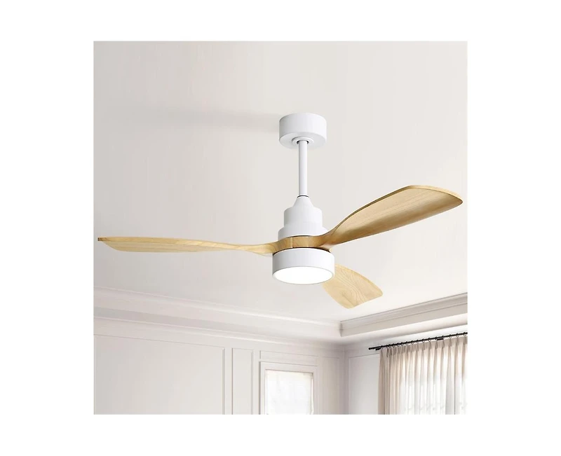 48-inch Modern White Downrod Indoor Walnut Wood 3-Blade Led Ceiling Fan Light with Remote Control Support Six Speed Ajustable