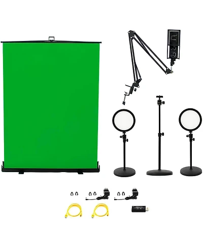 Ikan Homestream Video Kit #4 with 2x Desktop Lights, Pull-Up Green Screen & Podcast Microphone