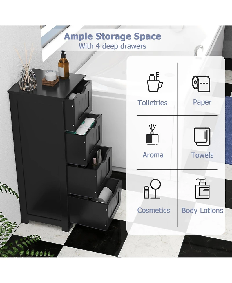 Gymax Bathroom Floor Cabinet Freestanding Narrow Side Storage Organizer w/ 4 Drawers