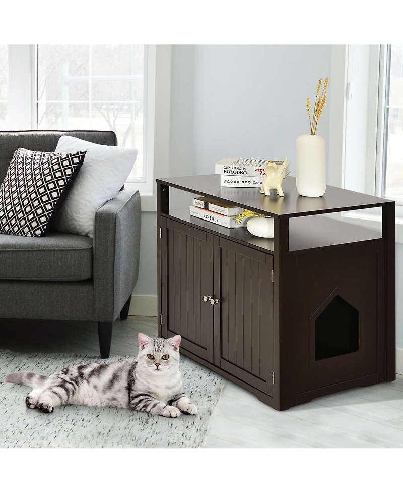 Gymax Wooden Cat Litter Box Enclosure Hidden Washroom w/ Storage Layer