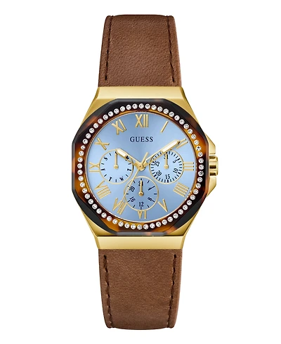 Guess Women's Gold-Tone Brown Leather Multi-Function Watch, 36mm
