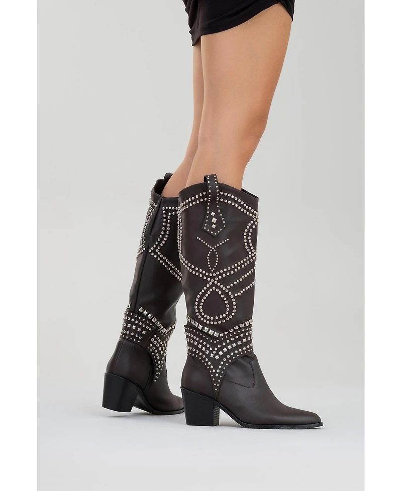 Prologue Shoes Draga Studded Block Heel Knee High Boot (Women)