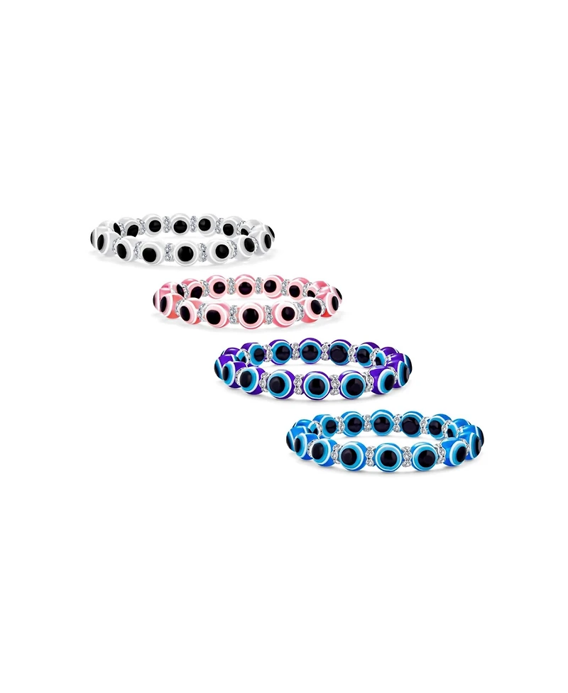 Bling Jewelry Set of 4 Blue Pink White Glass Bead Evil Eye Stretch Bracelet Crystal Spacers