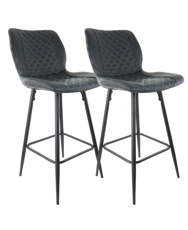 Elama 2 Piece Diamond Stitched Faux Leather Bar Chair in Black with Metal Legs