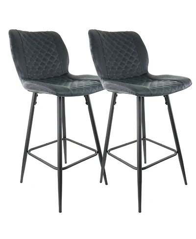 Elama 2 Piece Diamond Stitched Faux Leather Bar Chair in Black with Metal Legs