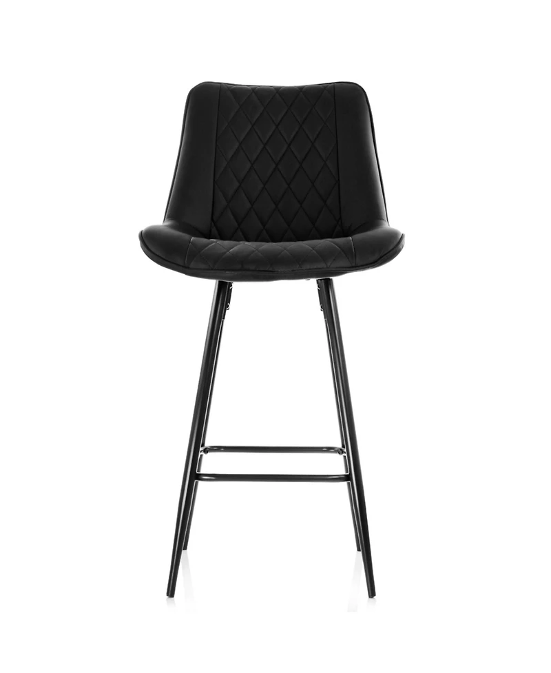 Elama 2 Piece Diamond Stitched Faux Leather Bar Chair in Black with Metal Legs