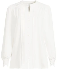Lands' End Plus Lightweight Jersey Long Sleeve Button Front Pintuck Top