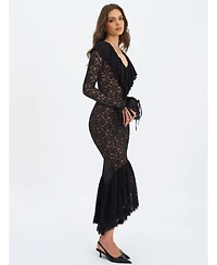 Miss Circle Women's Parisa Black Lace Ruffled Mermaid Maxi Dress