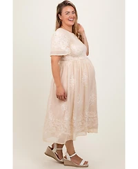 Pinkblush Plus Cream Embroidered Smocked Midi Dress