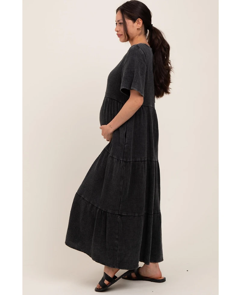 Pinkblush Maternity Black Button Front Tiered Maxi Dress