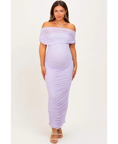 Pinkblush Maternity Light Pink Ruched Mesh Foldover Off Shoulder Maxi Dress