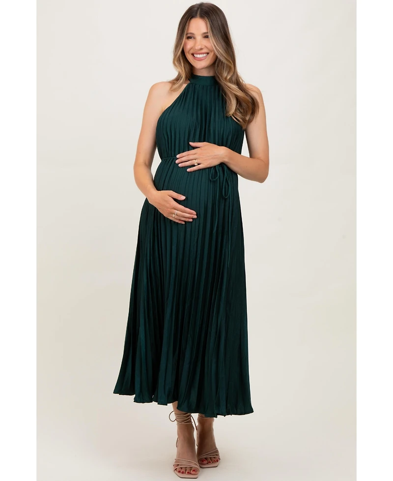 Pinkblush Maternity Forest Green Pleated Halter Dress