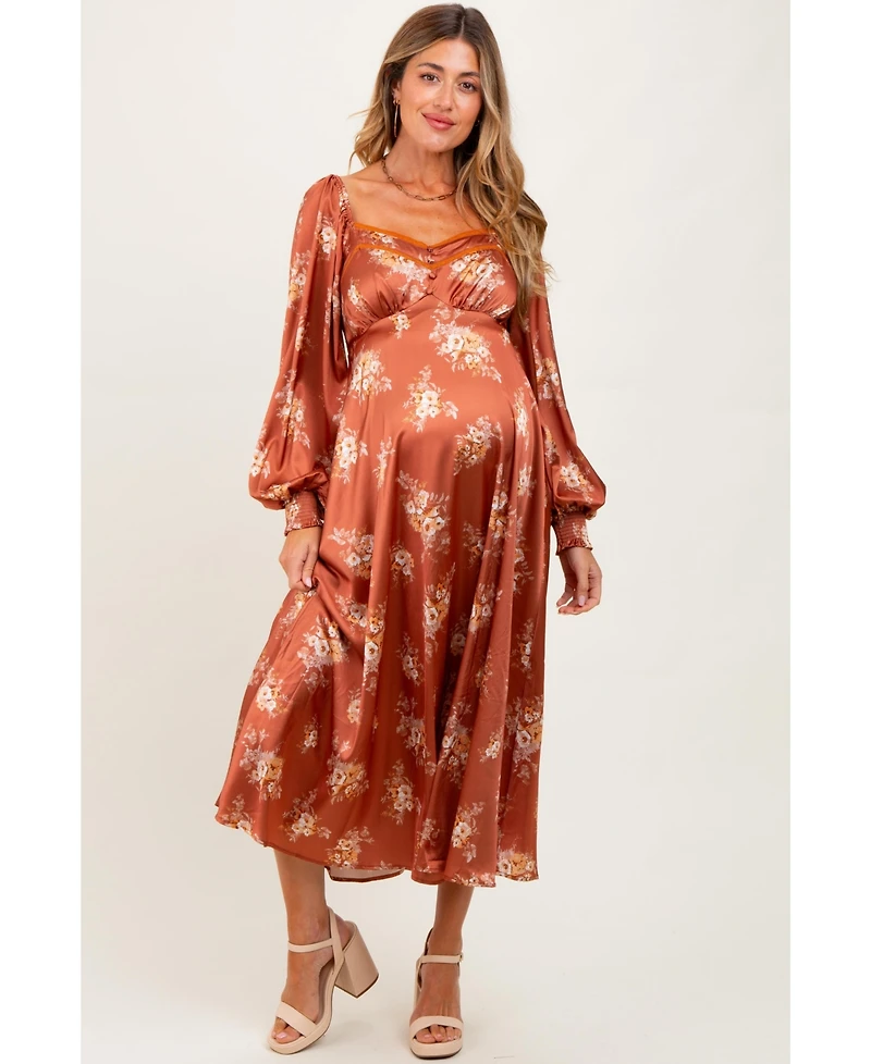 Pinkblush Maternity Rust Satin Floral Bubble Sleeve Midi Dress