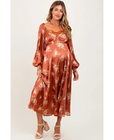 Pinkblush Maternity Rust Satin Floral Bubble Sleeve Midi Dress