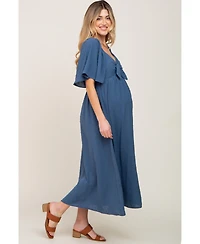 Pinkblush Maternity Navy Blue Textured Dot Front Tie Ruffle Sleeve Midi Dress