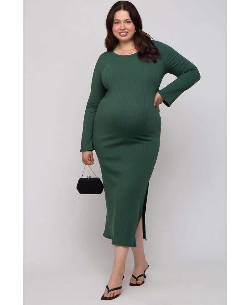 Pinkblush Plus Forest Green Ribbed Side Slit Maxi Dress