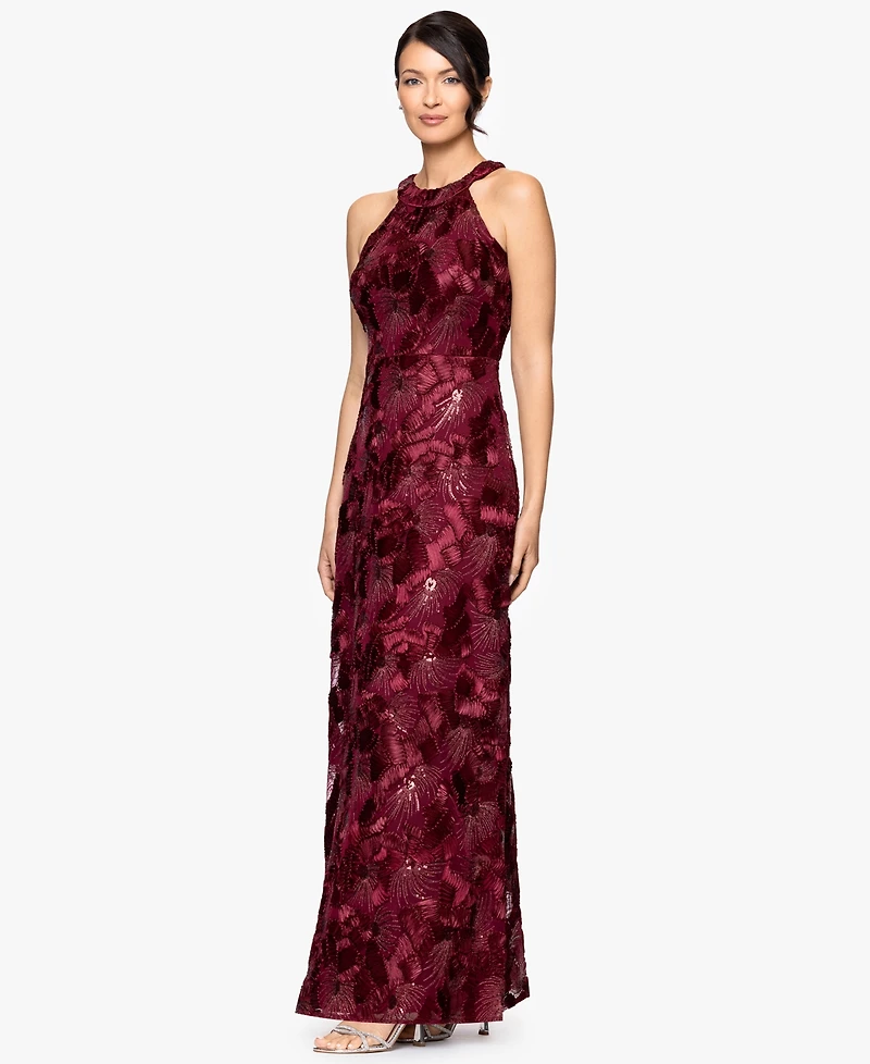 Betsy & Adam Women's Sequined Soutache Halter Gown