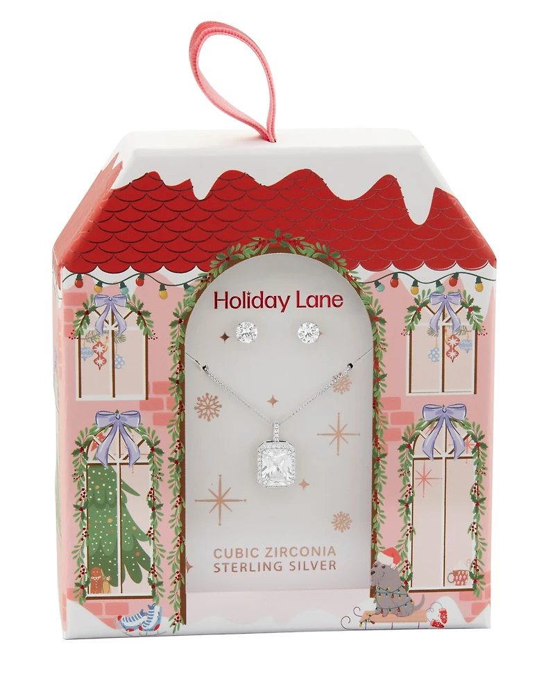 Holiday Lane Cubic Zirconia Emerald Shaped Center Stone Pendant Necklace and Stud Earring Set, Macy's Exclusive