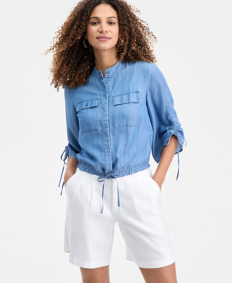 I.n.c. International Concepts Women's Chambray Tie-Sleeve Pocket Blouse, Macy's Exclusive