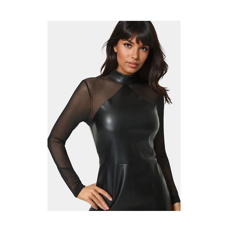 Bebe Womens Faux Leather and Mesh Mock Neck Mini Dress