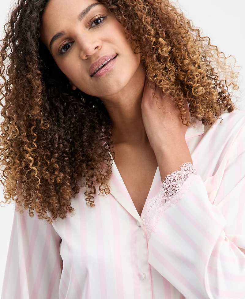 I.n.c. International Concepts Women's Long-Sleeve Lace Trim Boxy Satin Notch Set, Created for Macy's