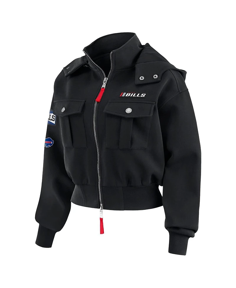 Wear by Erin Andrews Women's Black Buffalo Bills Tri-Blend Patch Pocket Cropped Full-Zip Bomber Hoodie Jacket