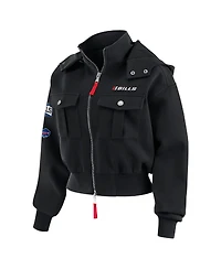 Wear by Erin Andrews Women's Black Buffalo Bills Tri-Blend Patch Pocket Cropped Full-Zip Bomber Hoodie Jacket