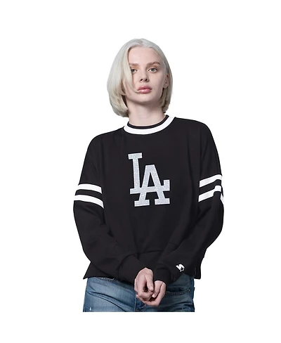 Starter Women's Black/Cream Los Angeles Dodgers Rally Cropped Drop Shoulder Crewneck Sweatshirt
