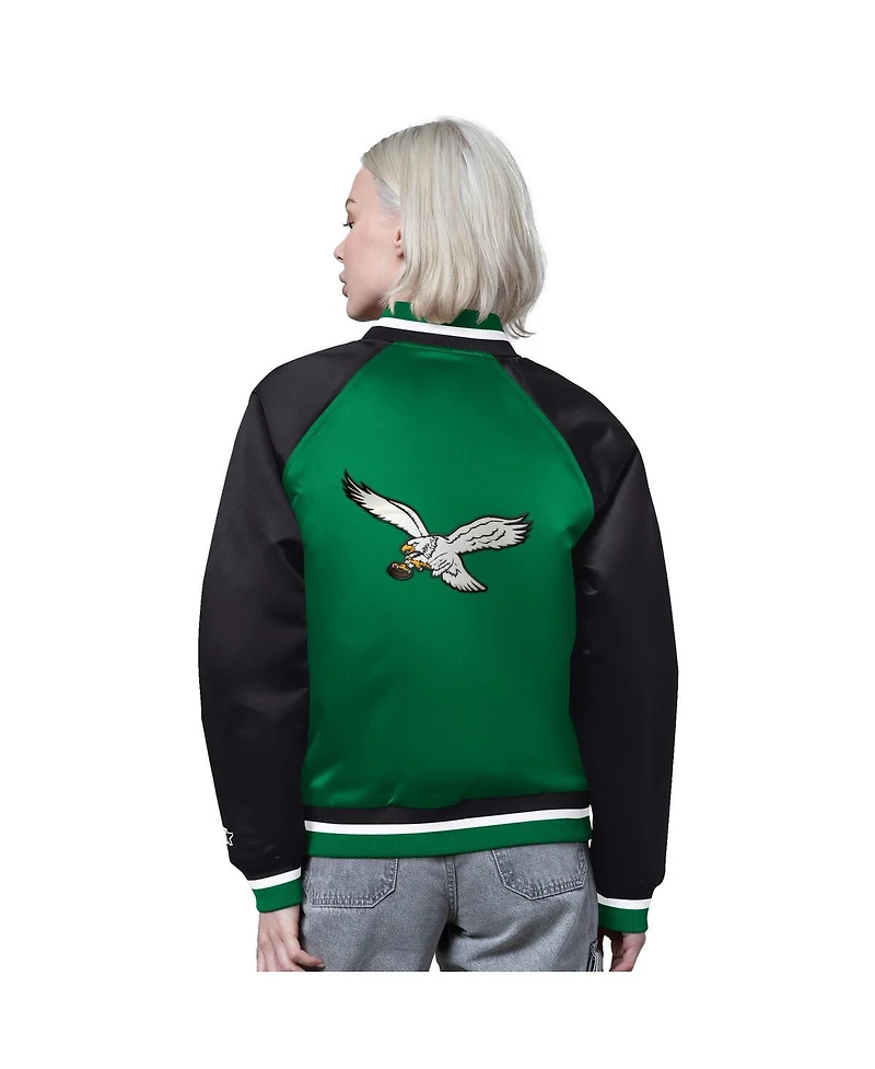 Starter Women's Kelly Green/Black Philadelphia Eagles Satin Full-Snap Vintage Varsity Jacket