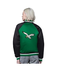 Starter Women's Kelly Green/Black Philadelphia Eagles Satin Full-Snap Vintage Varsity Jacket