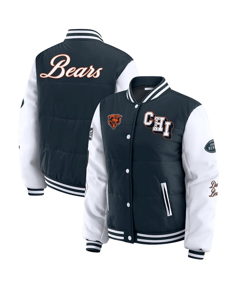 Wear by Erin Andrews Women's Navy Chicago Bears Varsity Full-Snap Puffer Jacket