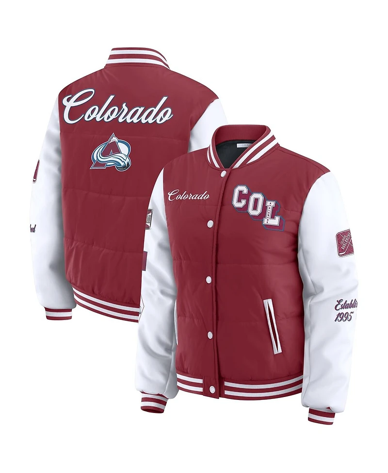 Wear by Erin Andrews Women's Burgundy/White Colorado Avalanche Varsity Full-Snap Puffer Jacket